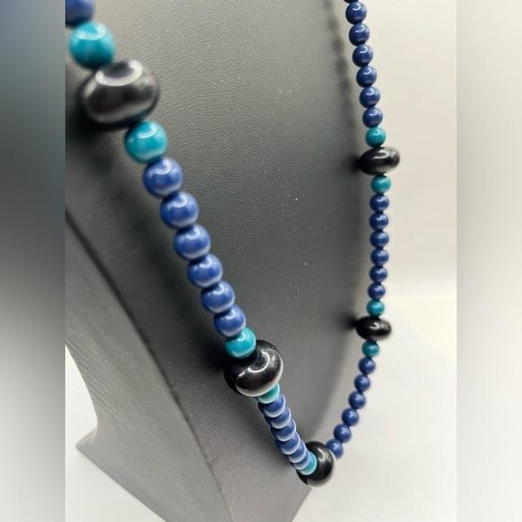 Trifari Beaded Necklace 30” Length Blue Black and Turquoise Blue Beaded Necklace - Picture 6 of 13